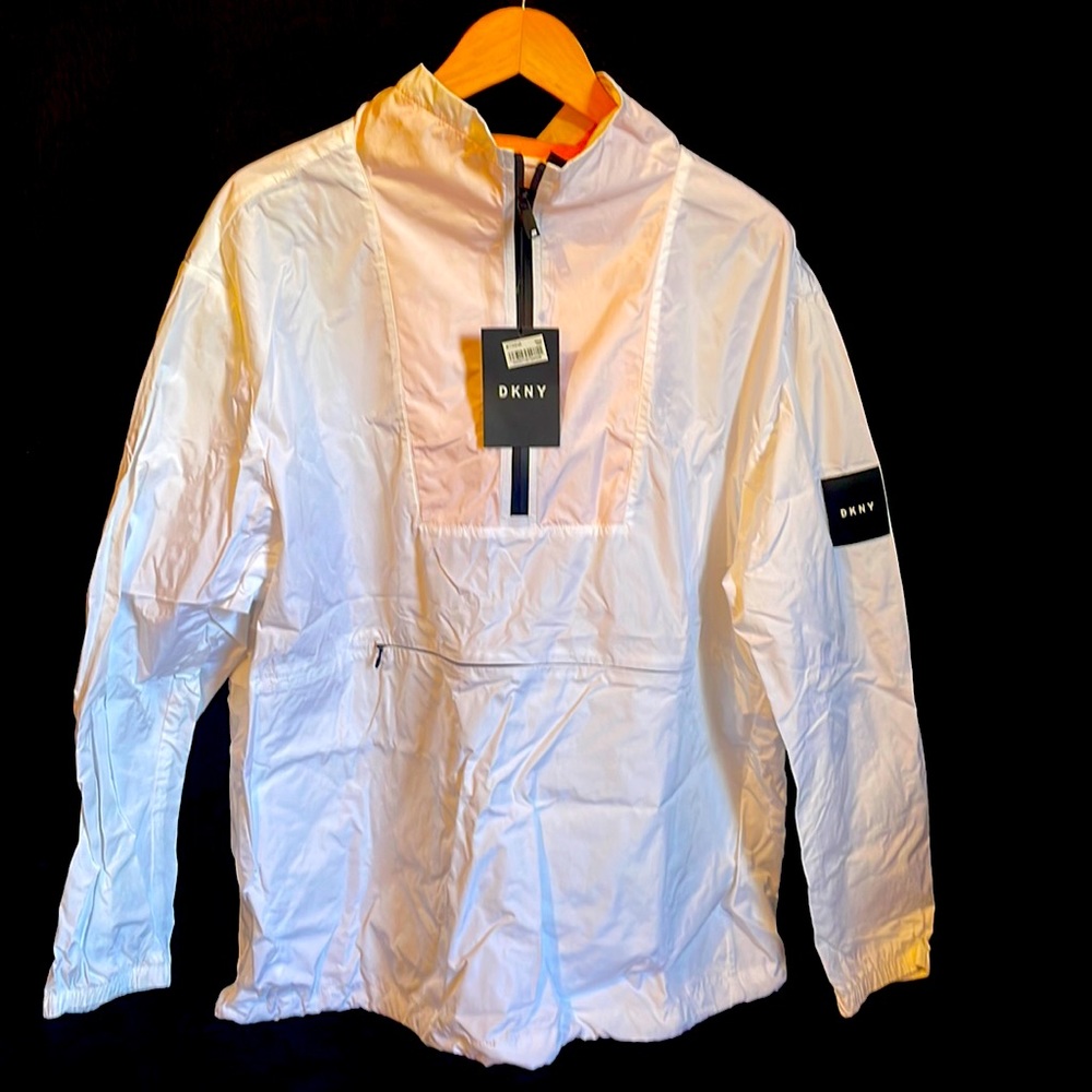 Men’s 2XL DKNY white w/ black logo.  Yellow inside color.  Zipper.